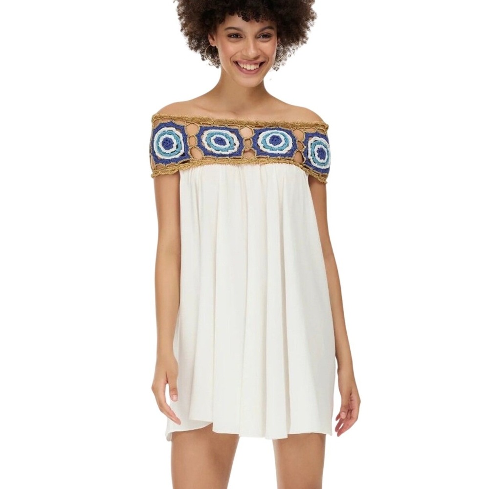 My Beachy Side Dress Zelda Crochet Mini Ivory Blue Womens Small NWT